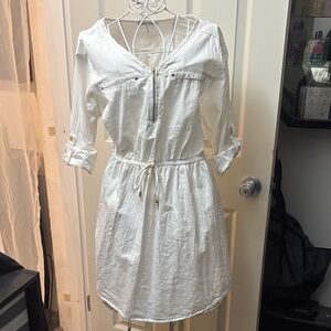 White Casual Sundress with Cuffed 3/4 Sleeves